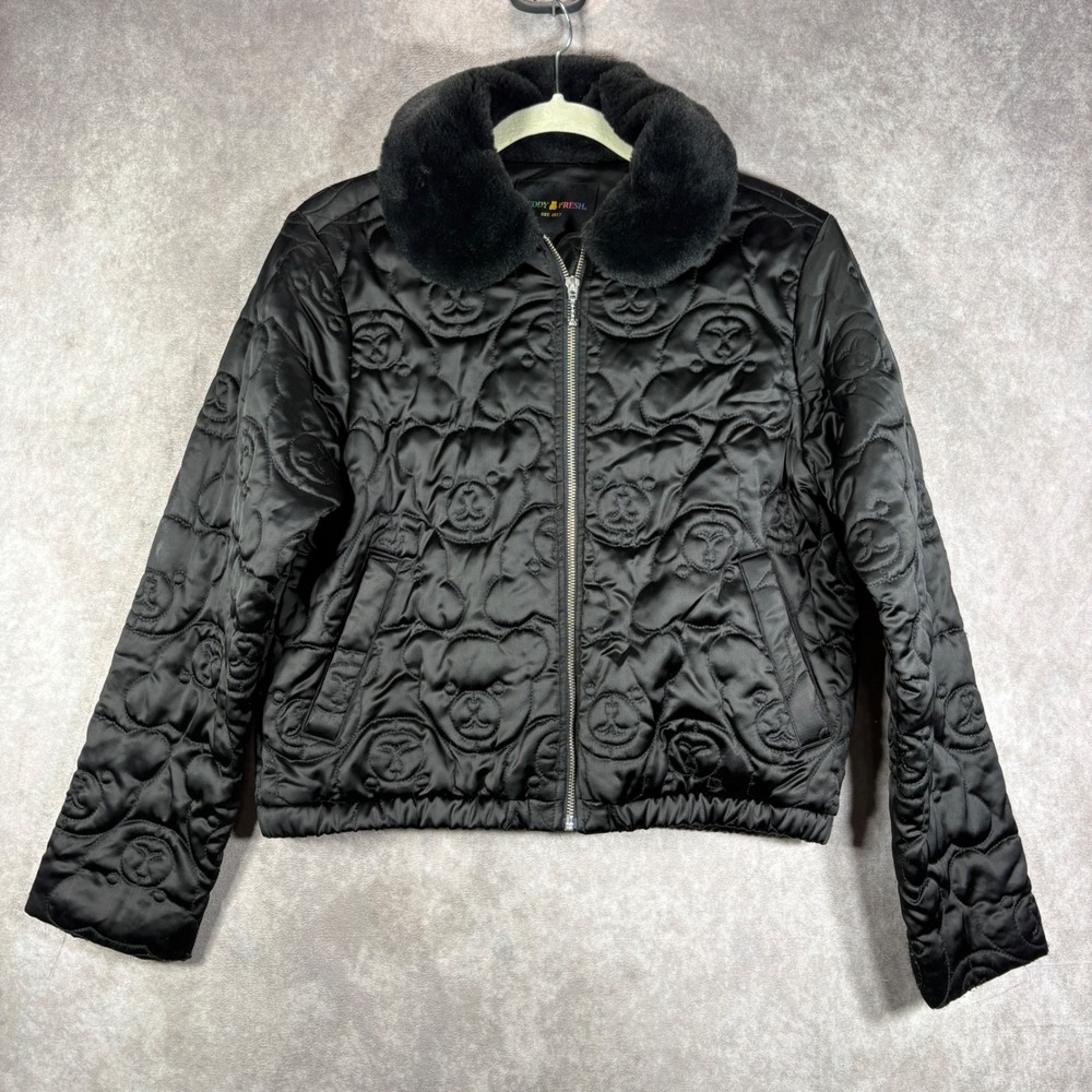 Teddy Fresh Quilted Jacket Women M Black Teddy Bear Faux Fur Collar Zip Bomber